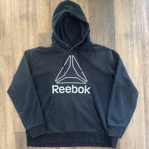 VTG‎ Distressed Reebok Spell Out Logo Hoodie Sweatshirt Black XL